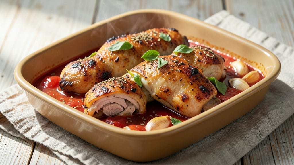 Baked Chicken Thighs in Tomato Sauce Recipe: Sweet Basil and Garlic Tomato Infusion