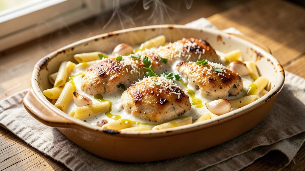 Baked Chicken Pasta Recipe White Sauce: One-Pan Creamy Comfort in 25 Minutes