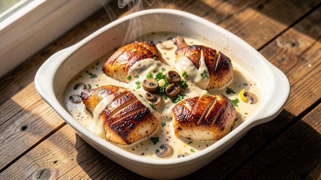 Baked Chicken Thighs With Cream Of Mushroom Soup Recipe: Creamy Mushroom Topping That Bakes to Golden Crisp