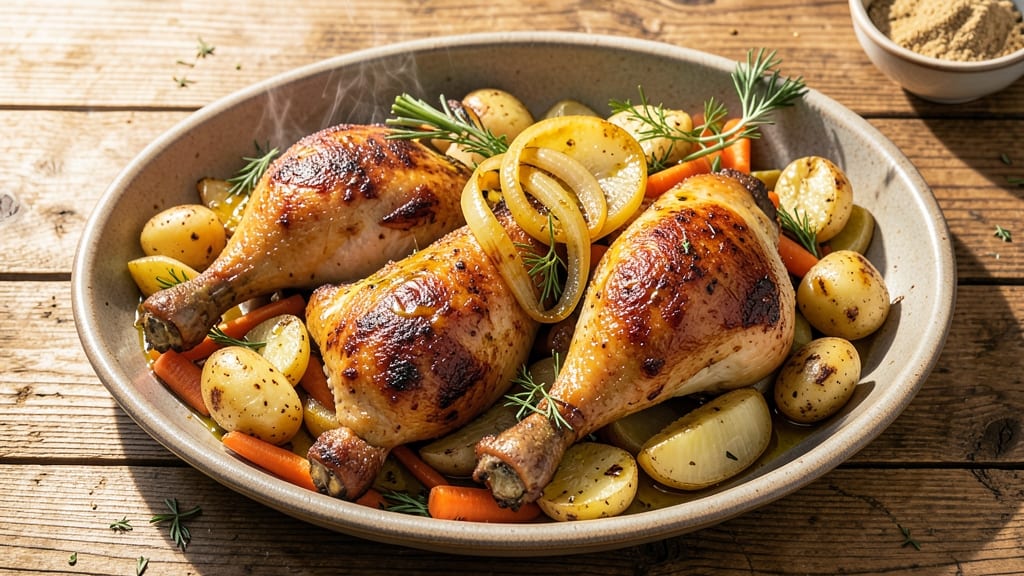 Baked Chicken Legs With Vegetables Recipe: One-Pan Roast for Crispy Skin and Caramelized Veggies