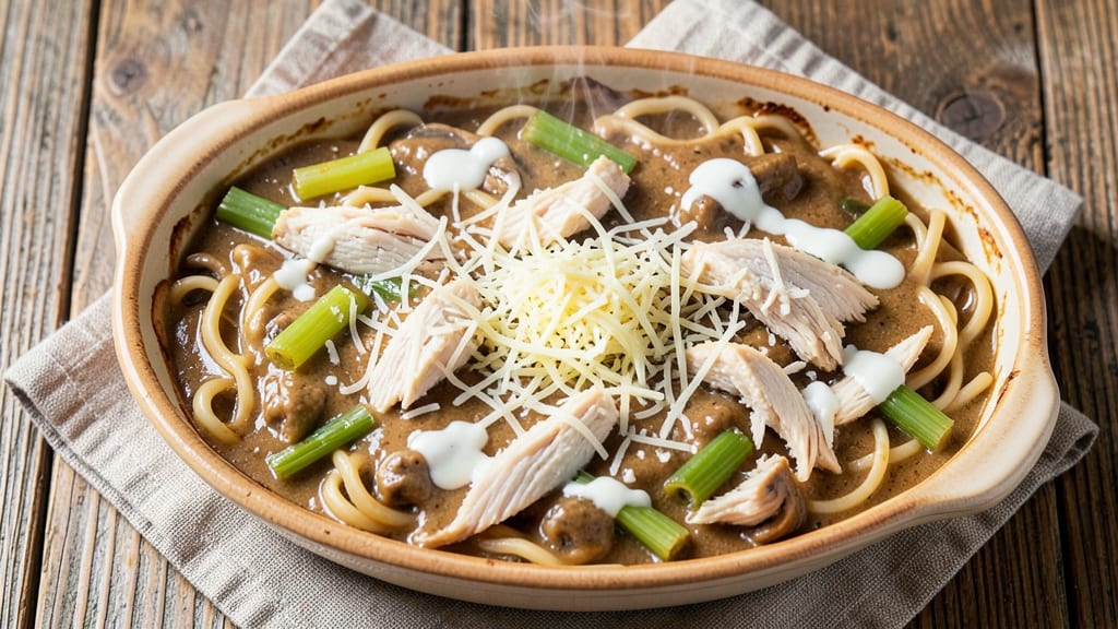 Campbell's Cream of Mushroom Chicken Casserole Recipe: Crispy Celery Crown Over Creamy Noodle Heaven