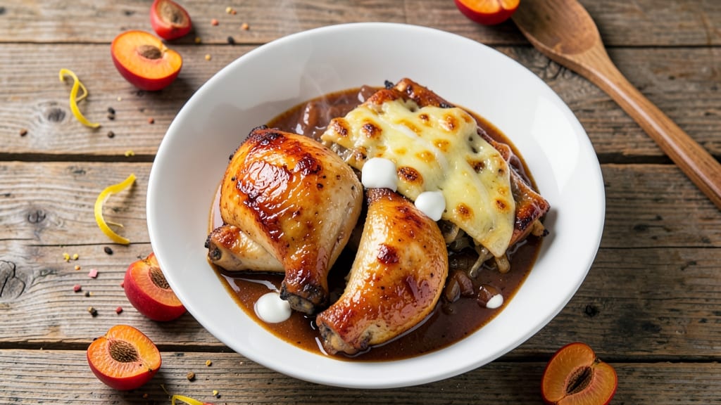 Baked Apricot Chicken Recipe with French Onion Soup: Caramelized Fruit Topping Over Creamy Onion Broth