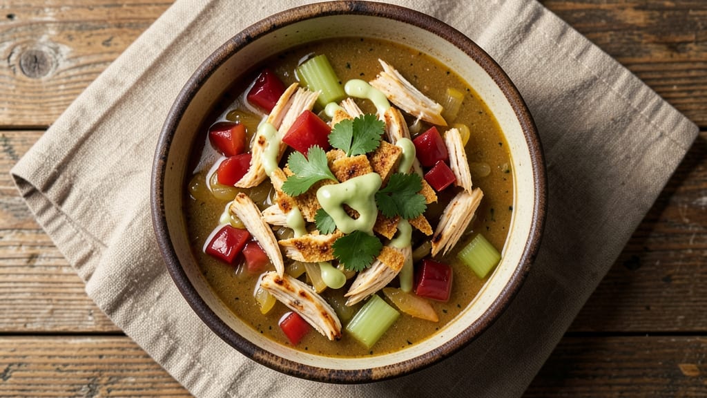 Chili's Copycat Chicken Tortilla Soup Recipe: Crispy Celery Crown Over Creamy Spiced Base