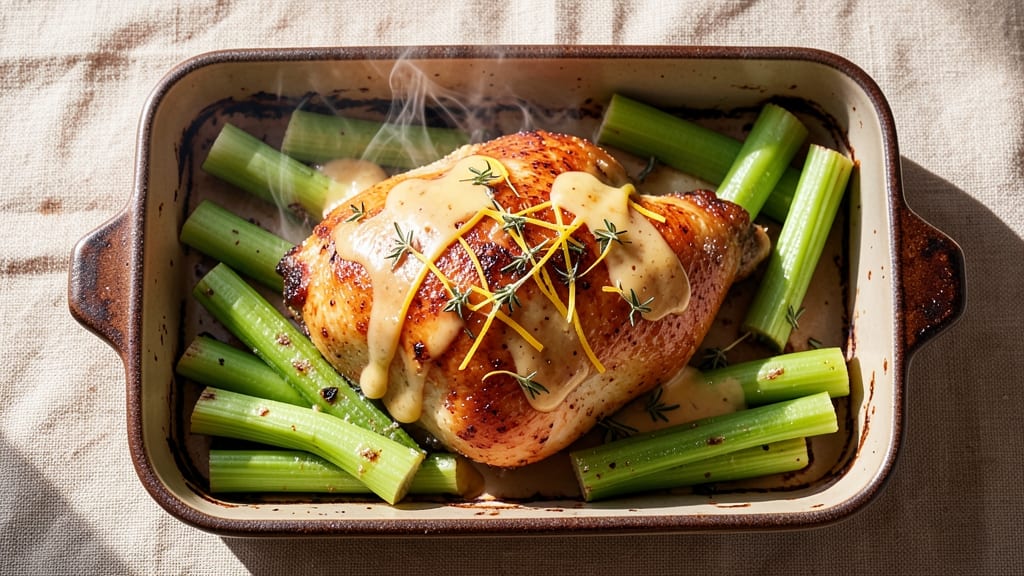 Mom's Butter Baked Chicken Recipe: Crispy Celery Crown Over Juicy Pink Meat